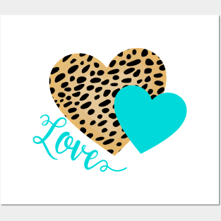 Cheetah Leopard with Turquoise Hearts and Love Text Posters and Art